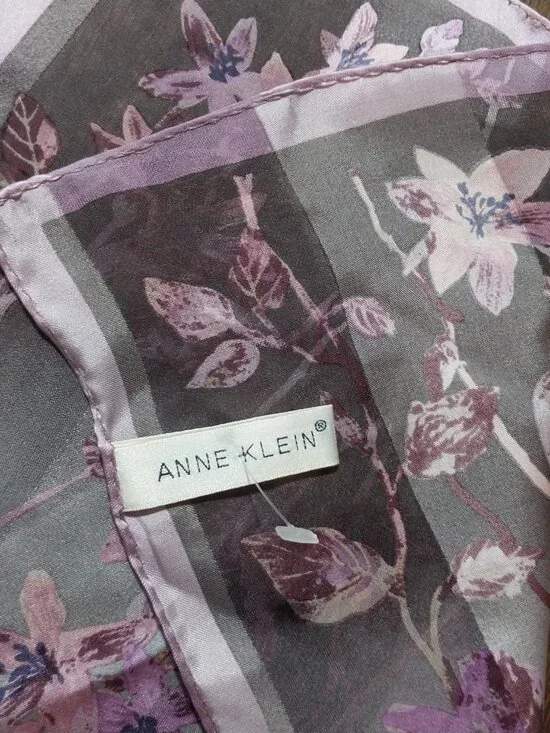 100% Silk Scarf Pink Brown Gray Floral Oblong 11x52 Lightweight by Anne Klein. - Picture 5 of 9